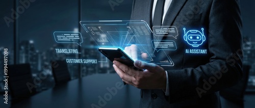 Utilizing ai assistants for enhanced customer support corporate office digital interaction urban environment close-up technology adoption