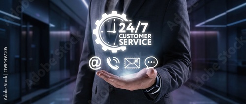 24/7 customer service support in modern office environment with high-tech visuals and interactive communication tools