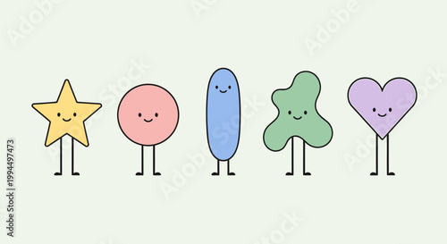 A digital illustration of five cheerful cartoon shapes, including a star, circle, oval, blob, and heart, each with smiling faces and stick legs, against a pale green background.