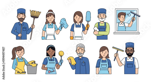 Professional cleaning service characters set, diverse janitorial staff icons in flat vector style, housekeeping workers with equipment and tools