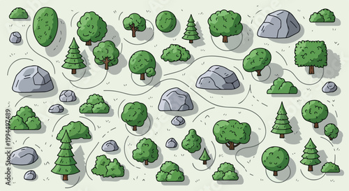 Flat vector landscape elements, green forest trees and grey rocks collection, nature map icons for game design and site planning