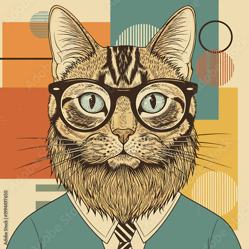 Illustration of a stylish cat wearing glasses and a tie against a colorful geometric background with a quirky mood.
