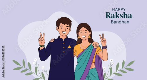 Celebration of Raksha Bandhan with a happy brother and sister wearing traditional clothing and holding up peace signs