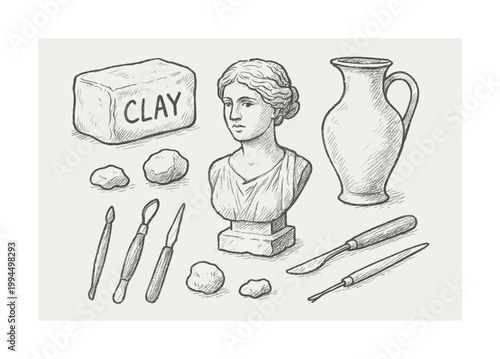 Artistic sculpture tools with female bust and clay block in sketch style