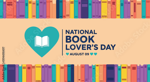 Celebration of National Book Lover's Day with colorful bookshelves and a heart-shaped book icon