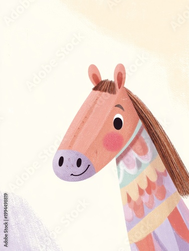 Stylized Cartoon Horse with Pink Mane, White Dots, and Smiley Face