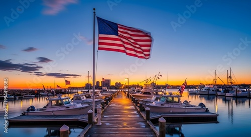 American flag flying over marina with boats at sunset.