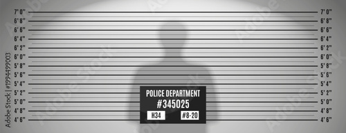 Police mugshot lineup background with height measurement scale, prison mug wall for criminal identification, arrest or suspect portrait. Vector striped backdrop with inch chart, man shadow silhouette