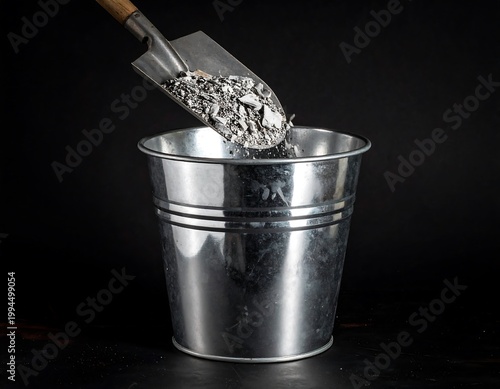 Silver bucket with metal scoop pouring.