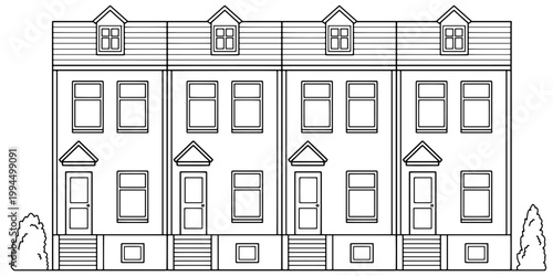 Townhouse exterior graphic black white sketch illustration vector