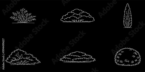 Hand Drawn Bush and Shrub Doodle Set. Minimal garden plants outline collection with hedge and foliage vector illustration.