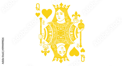Tableau sur toile Queen of Hearts Playing Card - Yellow Silhouette on White Background