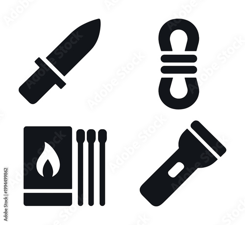 Survival tools icons: knife, rope, matches, flashlight - essential camping gear in silhouette