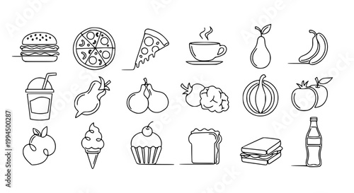 Minimal thick one line food icons set with burger pizza coffee smoothie and desserts vector graphic design