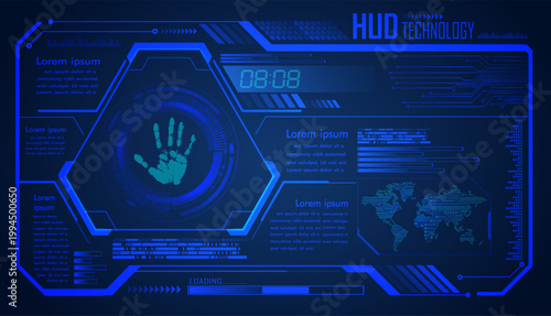 Blue technology background with computer circuit board and digital data network design