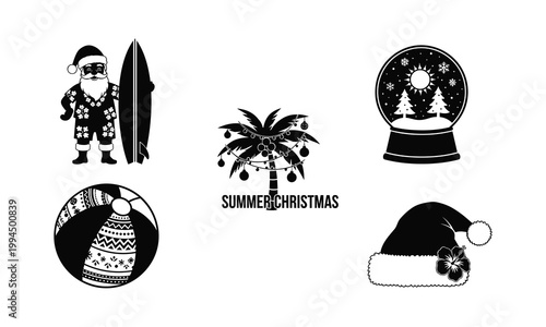 Summer Santa, surfboard, beach ball, palm tree, snow globe vector silhouette.