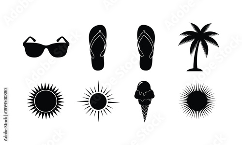 Summer vacation icons set, sunglasses, flip flops, palm tree vector silhouette.