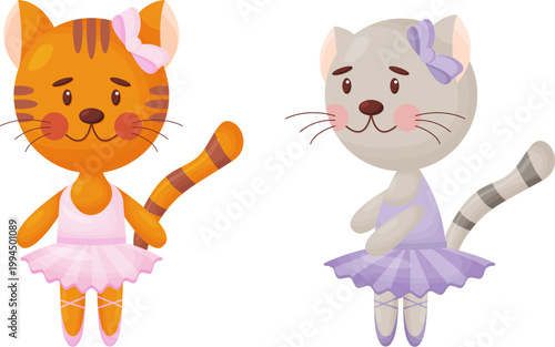 Happy cute cat, kitten character, ballet dancer in pointed shoes and tutu skirt, cartoon  illustration isolated on white background. Little cat baby animal, ballet dancer, ballerina in tutu.