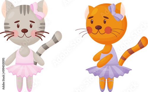 Happy cute cat, kitten character, ballet dancer in pointed shoes and tutu skirt, cartoon  illustration isolated on white background. Little cat baby animal, ballet dancer, ballerina in tutu.