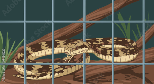 Snake behind metal grid fence closeup.