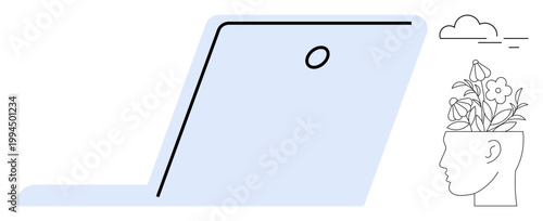 Laptop beside human profile with blooming flowers and cloud. Ideal for creativity, innovation, digital growth, mindfulness, tech synergy, productivity, personal development. A simple flat metaphor