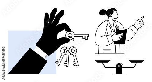 Decision-making, healthcare, justice, authority, responsibility, legal concepts. A hand holds keys, a doctor observes and scales illustrate balance. Decision-making and responsibility