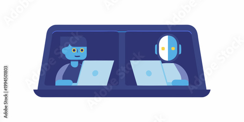 A person and robot working side by side on laptops within a blue frame