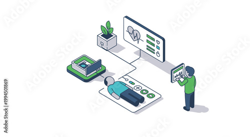 Remote work, isometric illustration, business productivity, office workflow, vector graphic