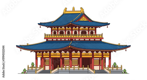 A grand three-story Japanese temple structure showcases expansive blue tiled roofs and red columns set upon a grey stone foundation with symmetrical staircases.
