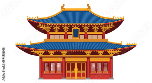 A majestic traditional two-story Chinese temple features intricate dark blue tiled roofs and vibrant red pillars with ornate golden architectural decorations.