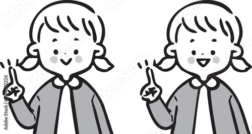 指差しをする女児　上半身　ベクター（モノクロ）