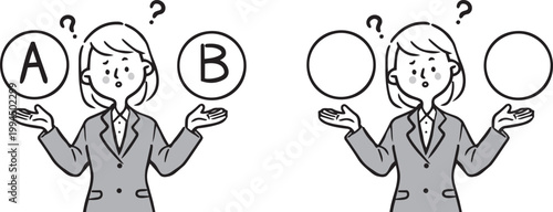 選択を悩む女性会社員　上半身　ベクター（モノクロ）