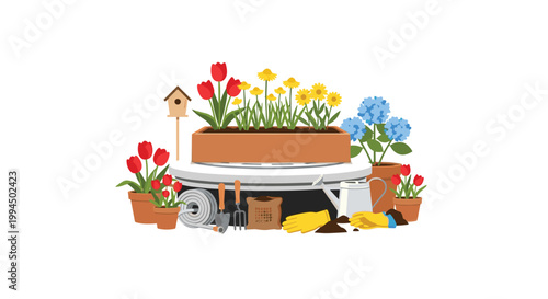 A vibrant collection of gardening tools including a silver watering can and yellow gloves surrounds colorful potted tulips and hydrangeas in a bright setting.