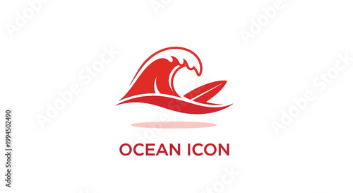 Red Ocean Wave Icon Depicting Surfboard and Water Movement.