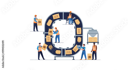 Diverse industrial workers wearing bright orange safety vests manage a large circular conveyor belt system processing raw materials into sacks in a room.