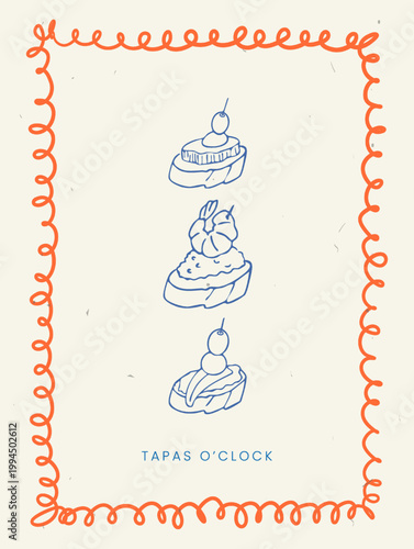 Spanish tapas on bread with frame and funny text, whimsical hand drawn line art style. Mediterranean appetizers poster, restaurant menu design, kitchen wall art, travel card, branding, food art.