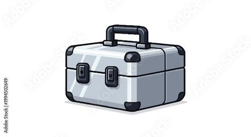 A robust silver metal equipment briefcase features reinforced black corners and secure latches positioned centrally under bright light on a white background.