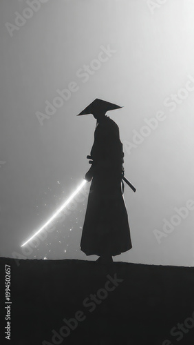 silhouette of a warrior carrying a long sword and wearing a woven bamboo hat