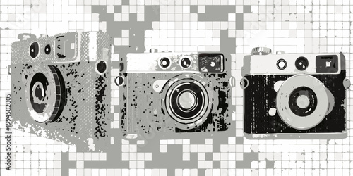 Vintage cameras arranged on a tiled mosaic like background