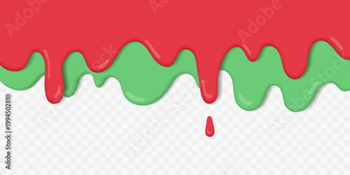 Colorful dripping glaze background with red and green liquid icing. Glossy sweet dessert style with smooth shapes and copy space, perfect for banners, festive designs, promotions