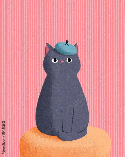 Whimsical Cat Character Sitting on a Cake, with Pink Wallpaper and Blue Beret