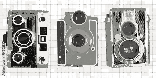 Three vintage twin lens reflex cameras in a graphic illustrative style