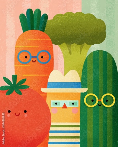 Vibrant Vegetable Characters with Whimsical Stripes Background