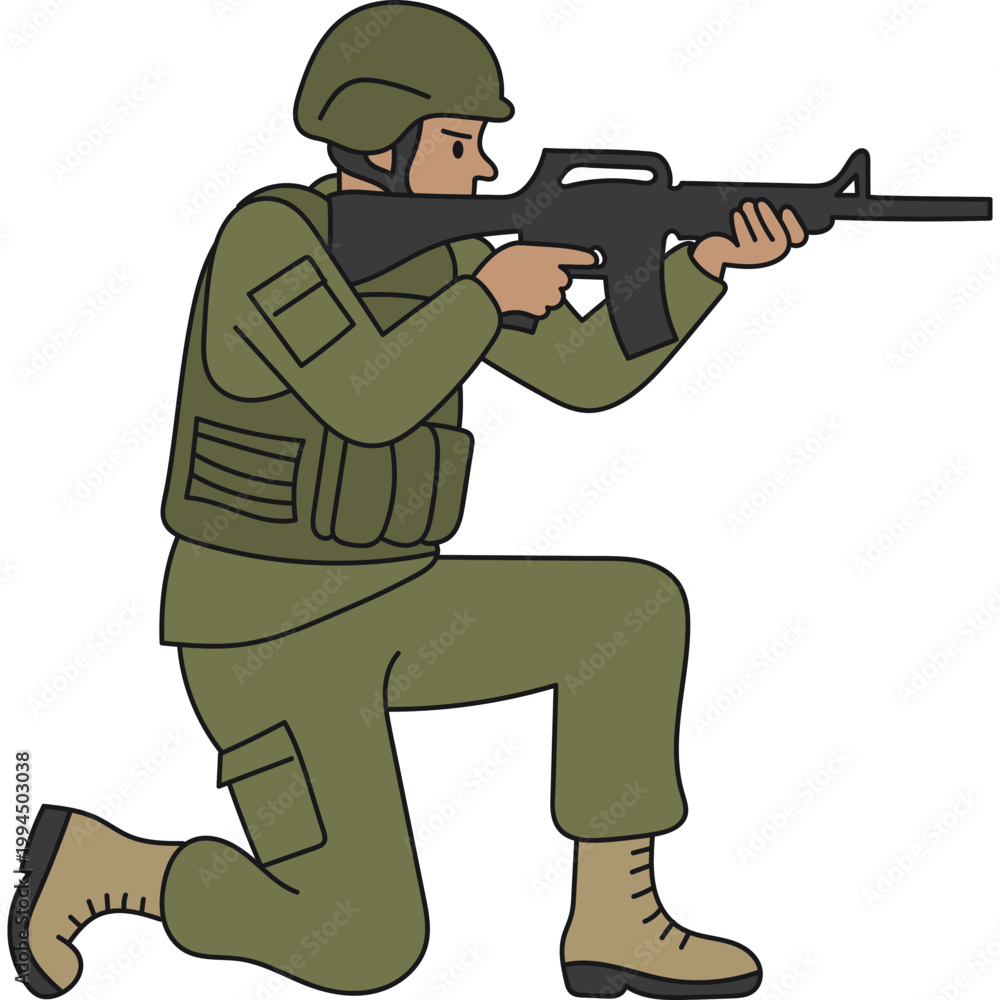Obraz premium Soldier Kneeling with Rifle Illustration