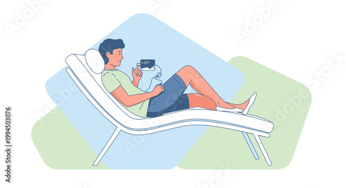 Man Relaxing on Chaise Lounge Using Mobile Device and Earbuds