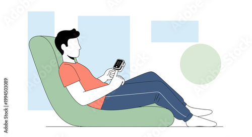 Man Relaxing on Beanbag Chair Using Smartphone, Casual Lifestyle Illustration