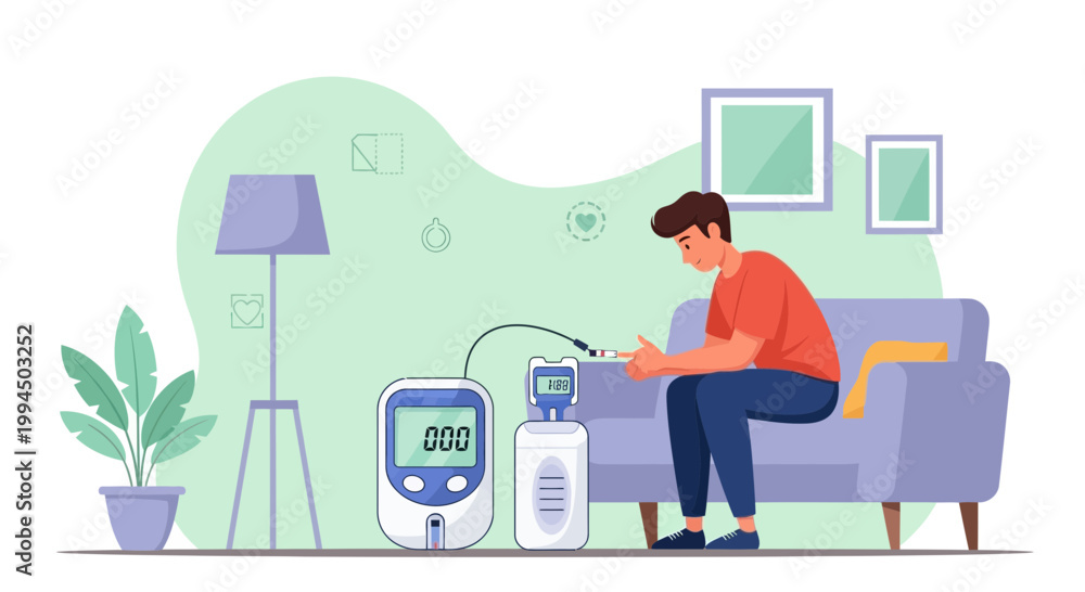Fototapeta premium Man with diabetes monitoring blood sugar at home with glucose meter and insulin pen