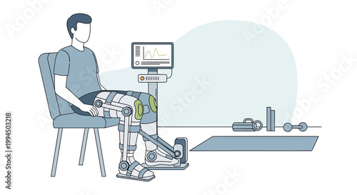 Man with advanced robotic exoskeleton leg brace undergoing physical therapy and rehabilitation