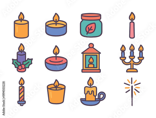 Vector Colorful candle and lantern icons with festive decorations