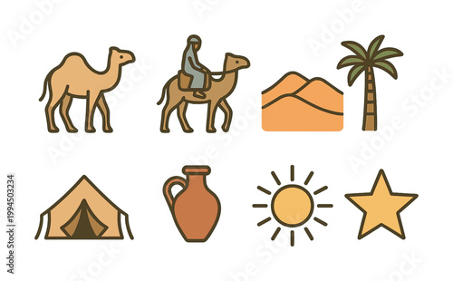 Vector Desert icons set: camels, bedouin rider, dunes, palm, tent, jug, sun, star